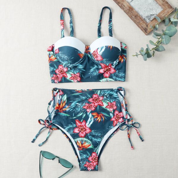 

Tropical Random Print Lace Up Bikini Swimsuit, Multicolor