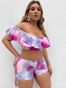 Conjunto de bikini con shorts con volantes de teñido anudado de talla grande para playa de verano - Multicolor - Ver 4