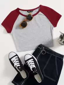 SHEIN EZwear Top corto de dos colores de manga raglán - Multicolor - Ver 1