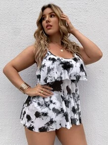 SHEIN Swim Curve Plus Tie Dye Semi-Sheer Mesh Tankini Set Ruffle Hem Swim Cami Dress & High Waisted Bottom 2 Piece Separate Bathing Suit - Black and White - View 3