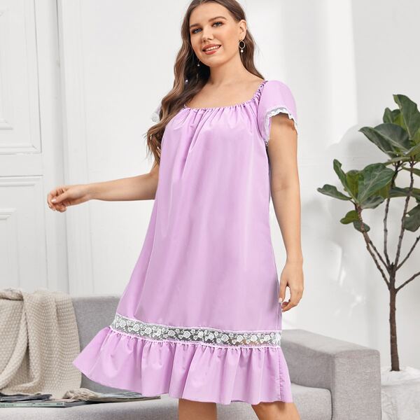 

Plus Lace Panel Ruffle Hem Night Dress, Purple