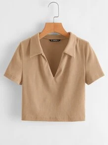 Muchica Collared V-neck Rib-knit Tee - Camel - View 1