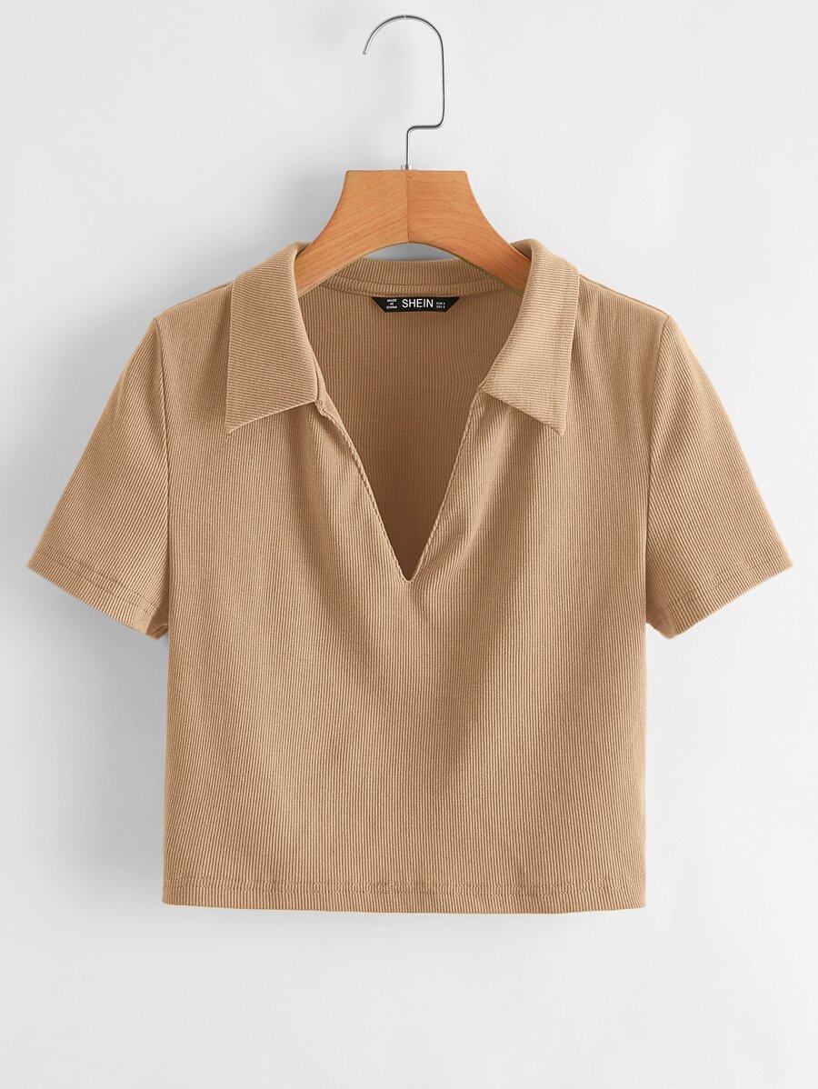Muchica Collared V-neck Rib-knit Tee - Camel - View 1