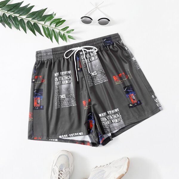 

Plus Letter Graphic Drawstring Shorts, Grey