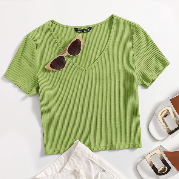 

V-Neck Rib-knit Top, Lime green