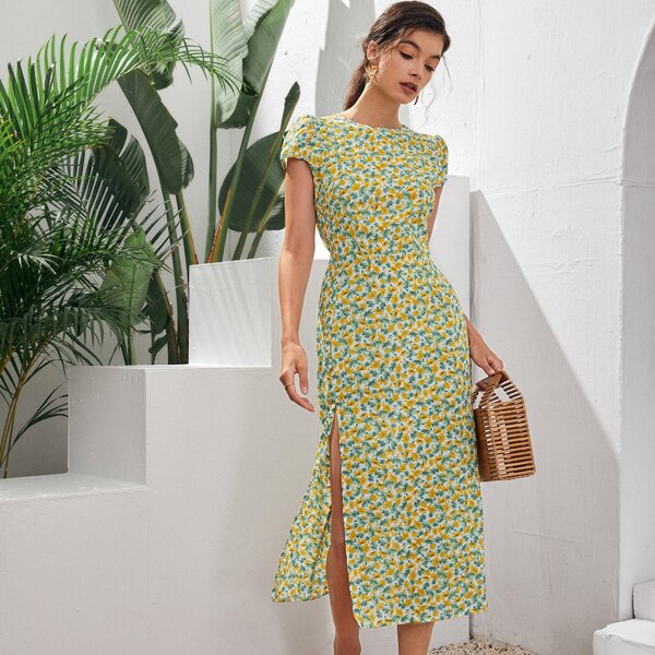 

Split Thigh Ditsy Floral Dress, Green