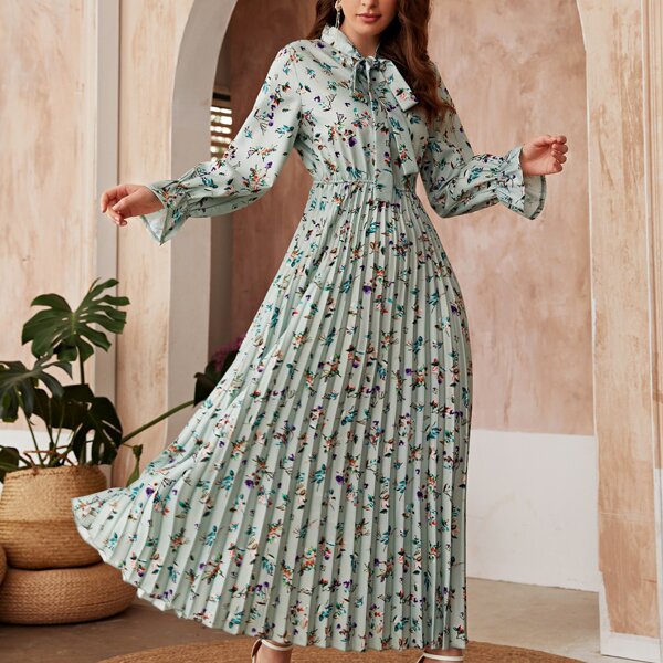 

Tie Neck Floral Print Pleated Hem Dress, Green