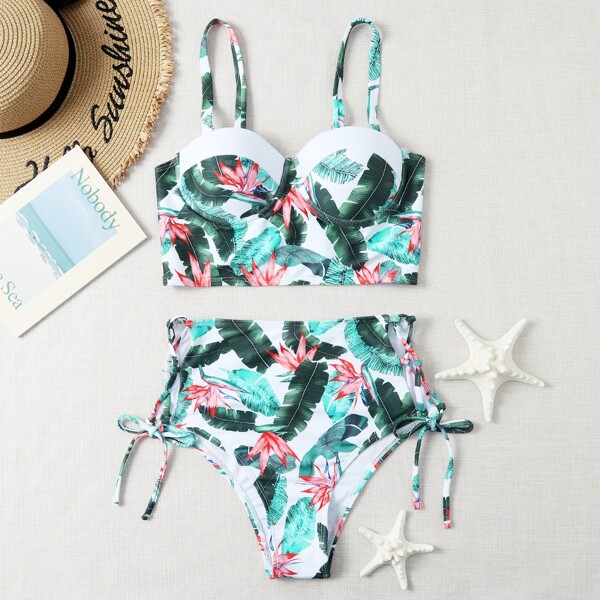 

Tropical Random Print Lace Up Bikini Swimsuit, Multicolor