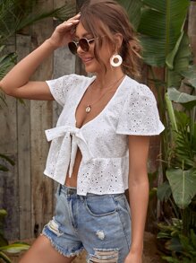 SHEIN Tie Front Schiffy Top - White - View 4