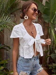 SHEIN Tie Front Schiffy Top - White - View 5