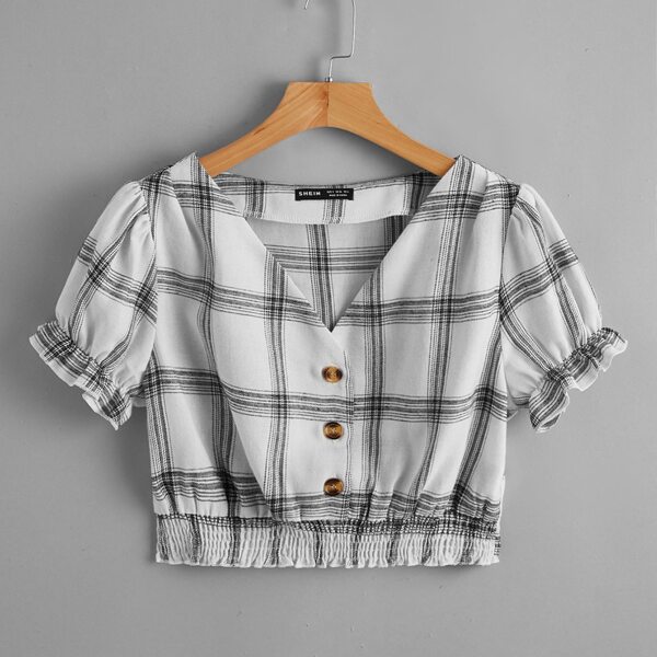 

Plaid Shirred Hem Top, Black and white