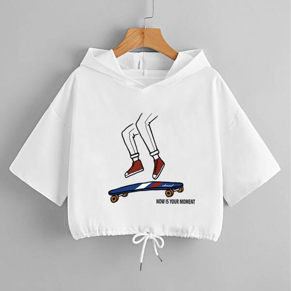 

Cartoon Graphic Drawstring Hem Hoodie, White