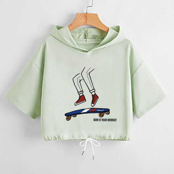 

Cartoon Graphic Drawstring Hem Hoodie, Mint green