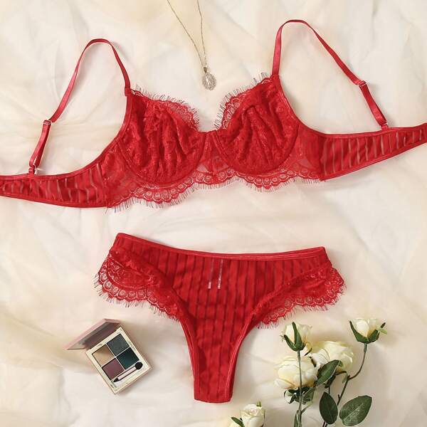 

Floral Lace Mesh Push Up Lingerie Set, Red