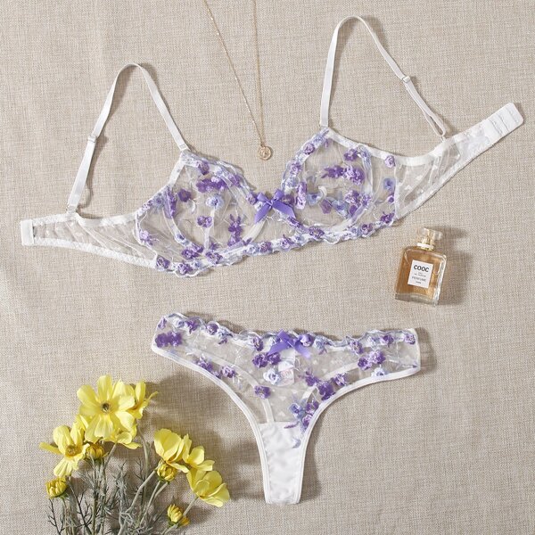 

Embroidered Mesh Underwire Lingerie Set, Purple