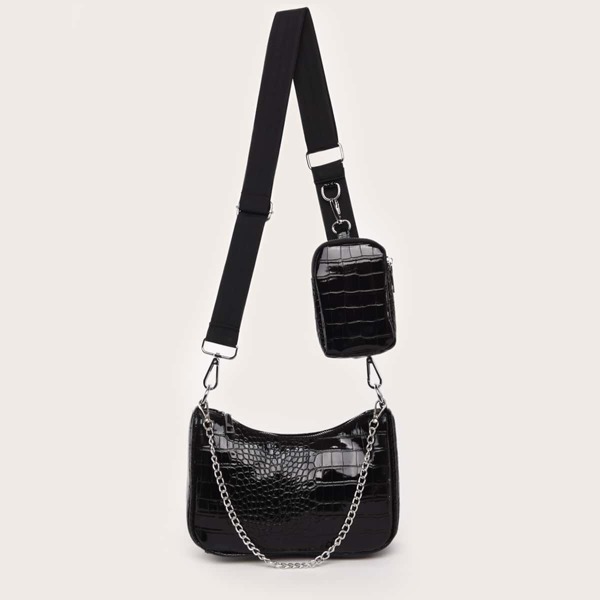 

Minimalist Croc Embossed Shoulder Bag With Purse, Black