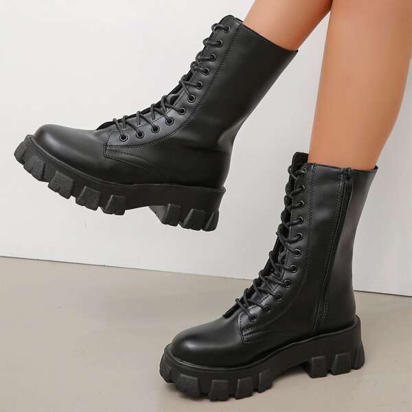 

Side Zipper Mid Calf Combat Boots, Black