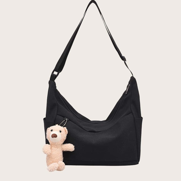 

Cartoon Decor Canvas Crossbody Bag, Black