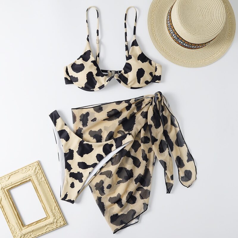 

3pack Cow Bikini Swimsuit With Beach Skirt, Multicolor