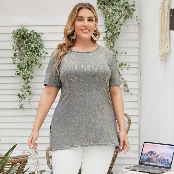 

Plus Striped Split Hem Tee, Grey