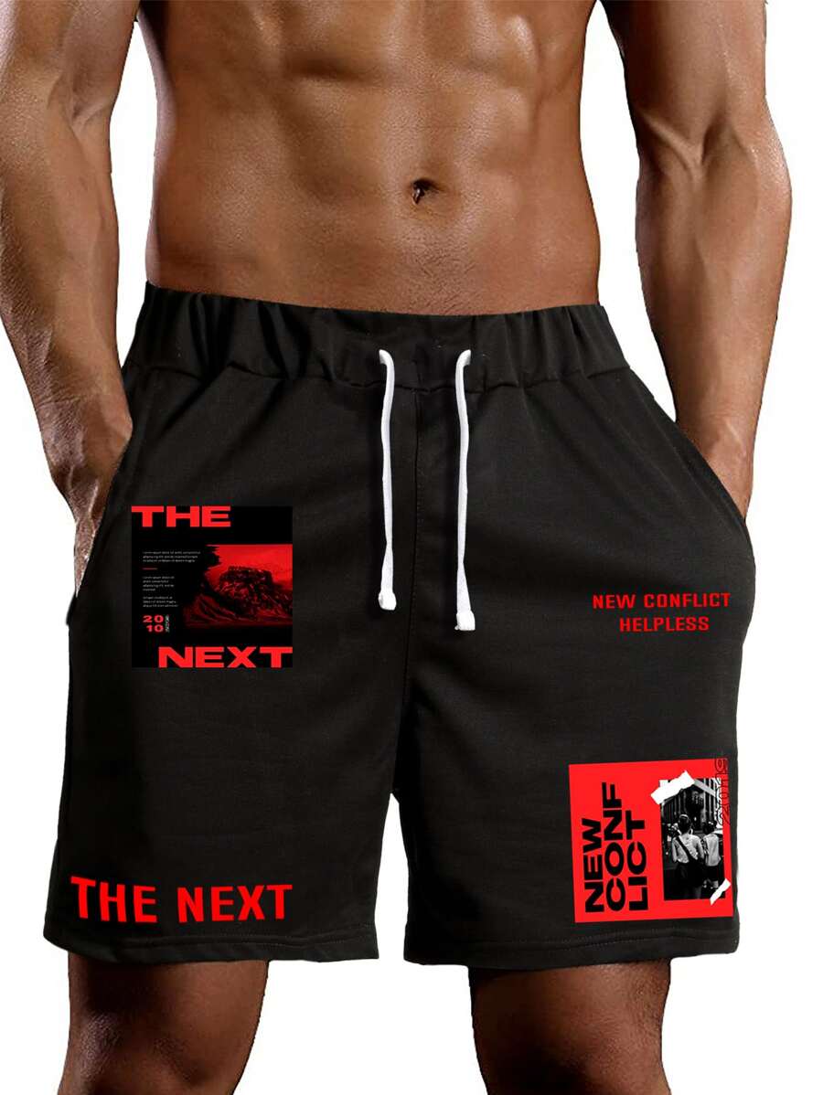 Manfinity Men Letter And Figure Print Drawstring Waist Shorts - Black - View 1