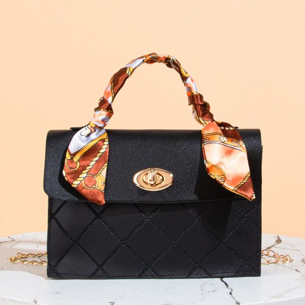 

Twilly Scarf Decor Quilted Satchel Bag, Black
