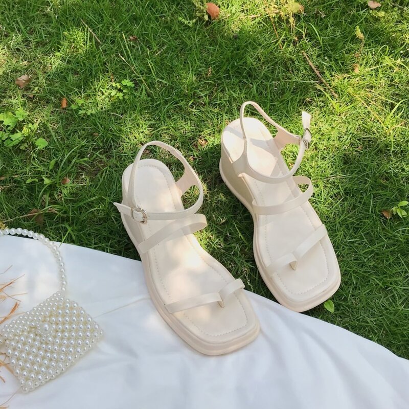 

Toe Post Ankle Strap Wedge Sandals, Beige