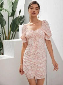 SHEIN Unity Ruched Bust Puff Sleeve Tie Front Ditsy Floral Dress - Multicolor - View 1