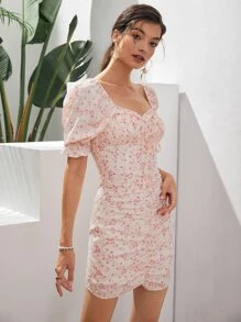 SHEIN Unity Ruched Bust Puff Sleeve Tie Front Ditsy Floral Dress - Multicolor - View 5