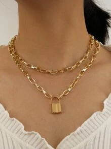 1 chiếc vòng cổ mặt khóa kim loại vàng phong cách Punk Hip Hop, hai lớp - Vàng - Xem 1