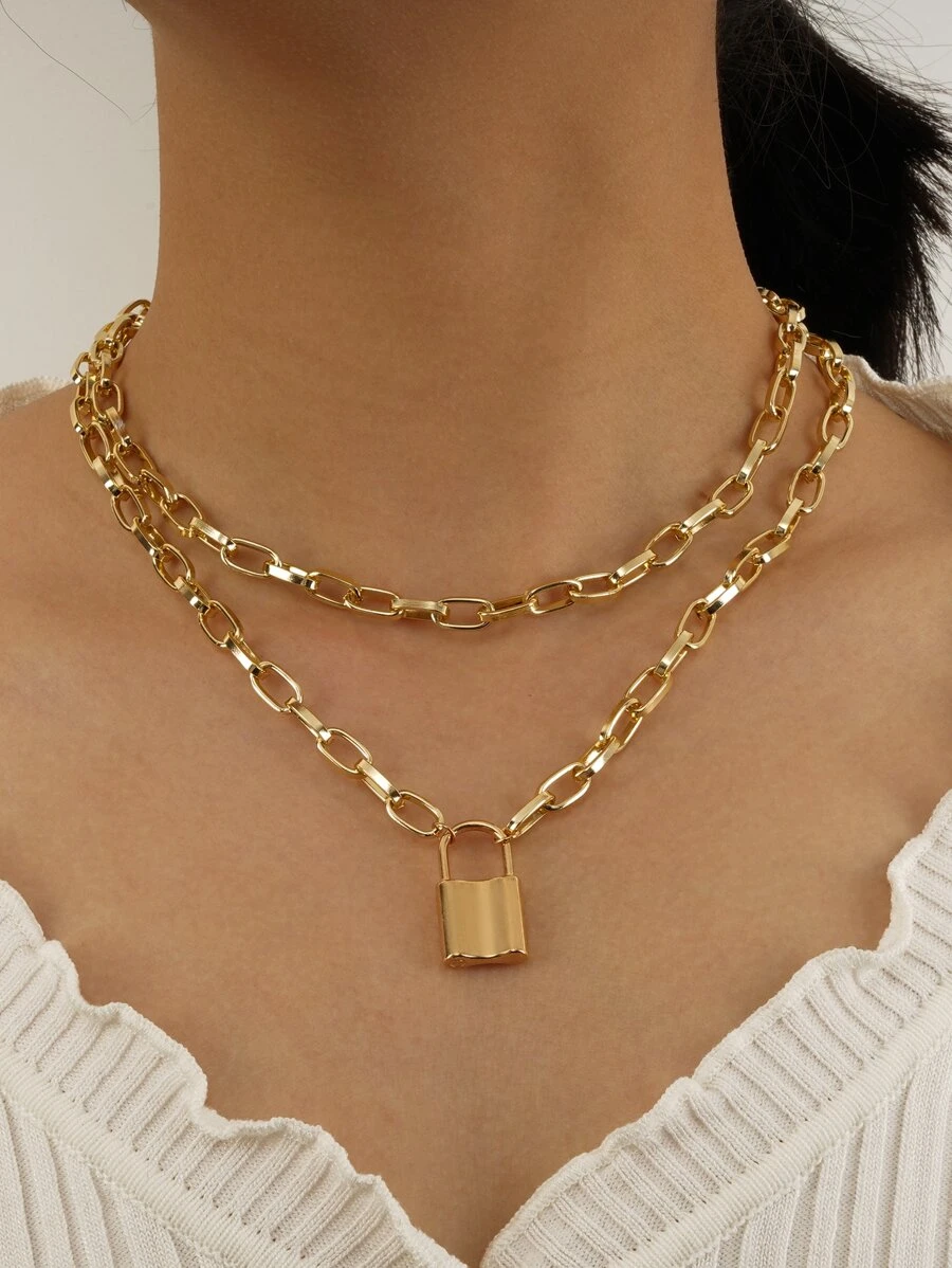 1 chiếc vòng cổ mặt khóa kim loại vàng phong cách Punk Hip Hop, hai lớp - Vàng - Xem 1