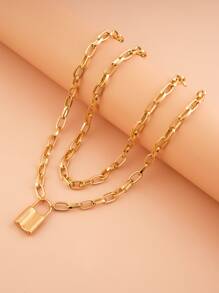 1 chiếc vòng cổ mặt khóa kim loại vàng phong cách Punk Hip Hop, hai lớp - Vàng - Xem 3