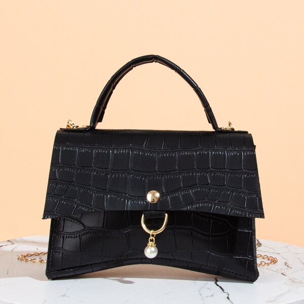 

Croc Embossed Flap Chain Satchel Bag, Black