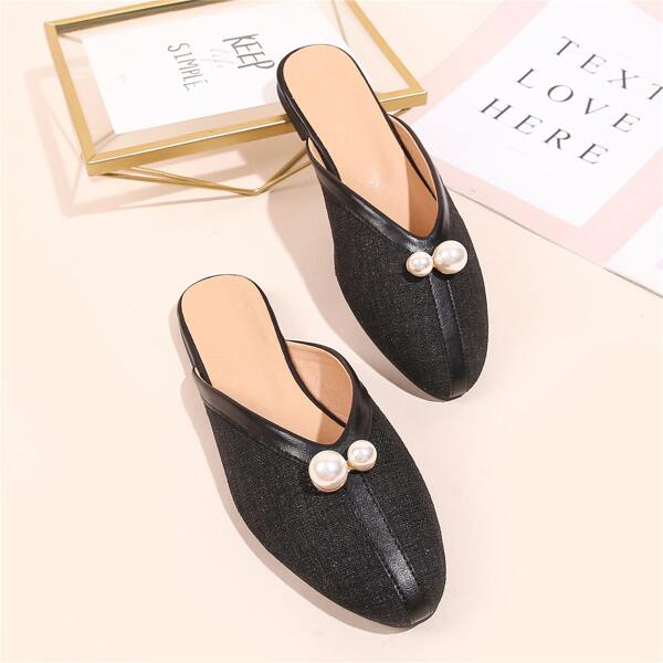

Faux Pearl Decor Flat Mules, Black