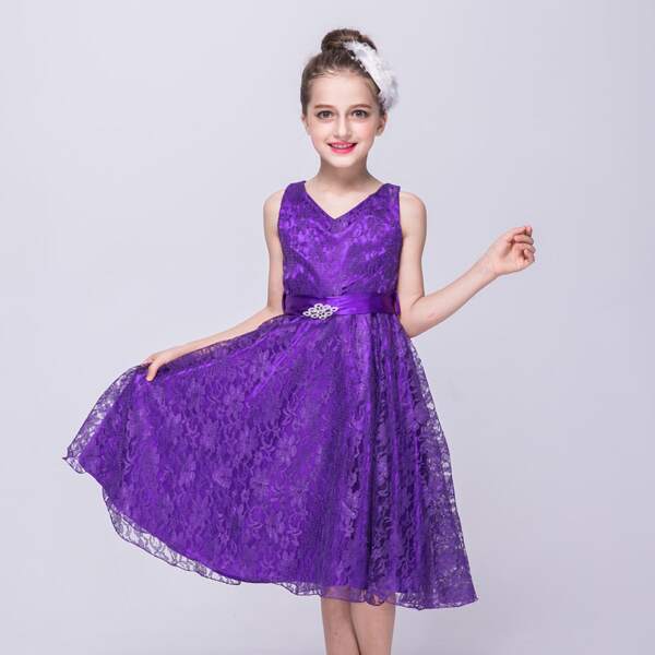

Girls Lace Overlay Rhinestone Belted Partydress, Violet purple