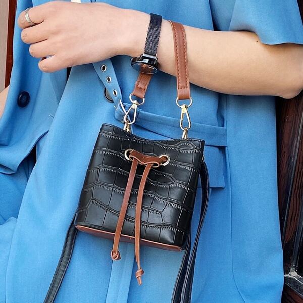 

Mini Croc Embossed Bucket Bag, Black