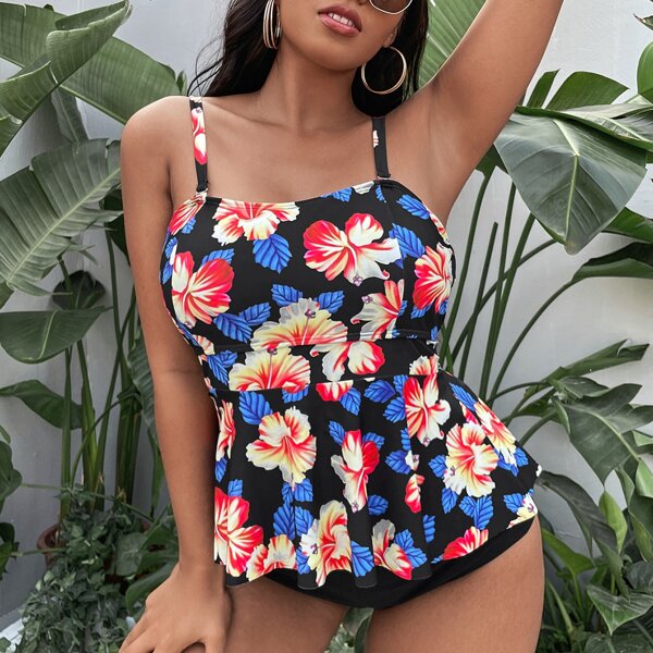 

Plus Floral Print Ruffle Bikini Swimsuit, Multicolor