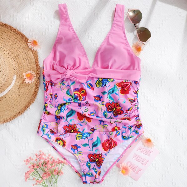 

Maternity Floral Knot Front One Piece Swimsuit, Pink