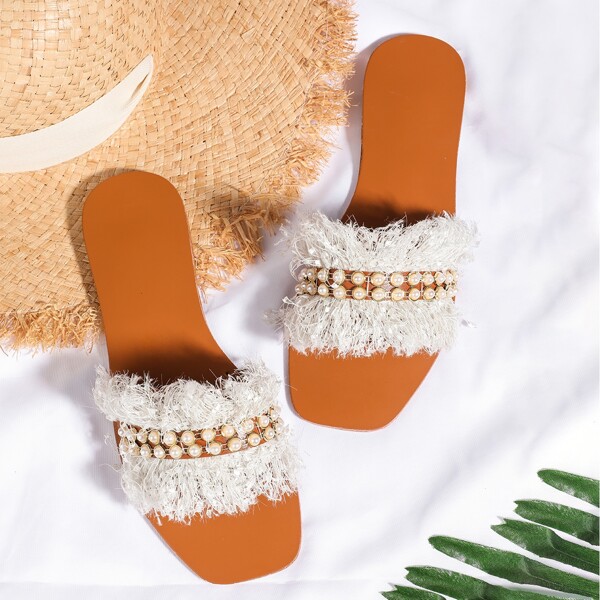 

Faux Pearl Decor Slide Sandals, Beige