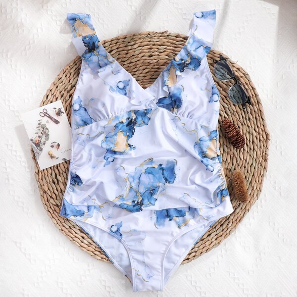

Maternity Marble Print Ruffle One Piece Swimsuit, Multicolor