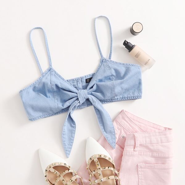 

Tie Front Cami Denim Top, Light wash