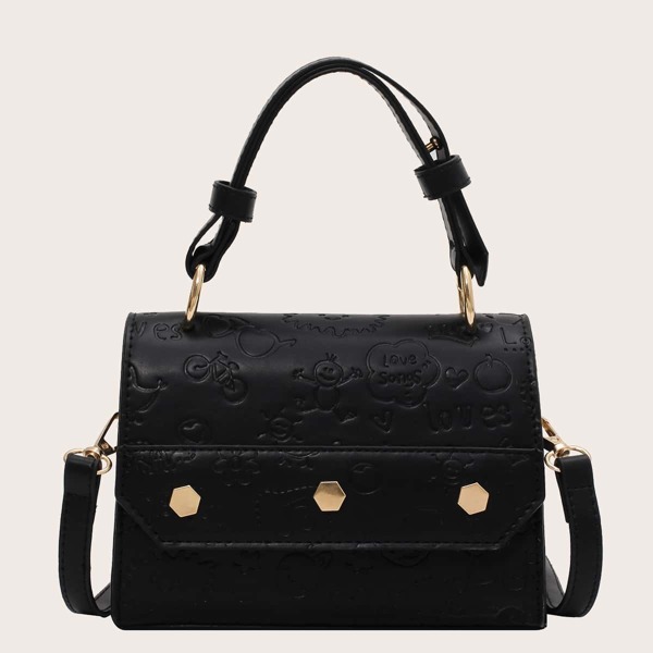 

Metal Decor Cartoon Decor Satchel Bag, Black