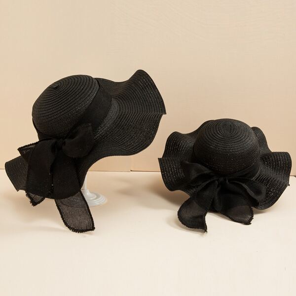 

2pcs Parent-Toddler Girls Bow Decor Straw Hat, Black