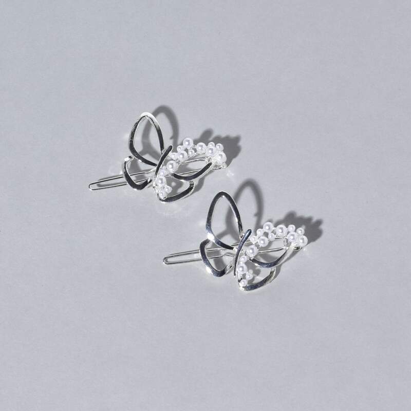 

2pcs Faux Pearl Butterfly Hair Clip, Silver