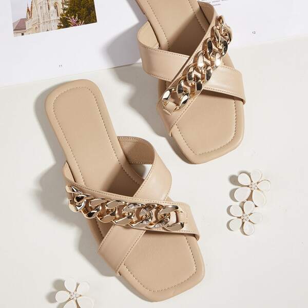 

Chain Decor Cross Strap Slide Sandals, Khaki