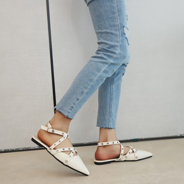 

Eyelet Decor Ankle Strap Flats, Beige