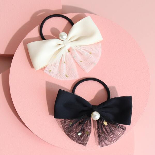 

2pcs Toddler Girls Bow Decor Hair Tie, Black and white