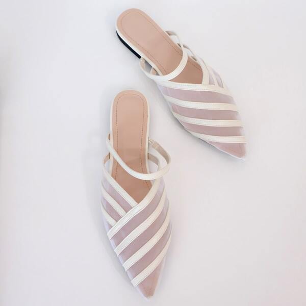 

Sheer Mesh Flat Mules, White