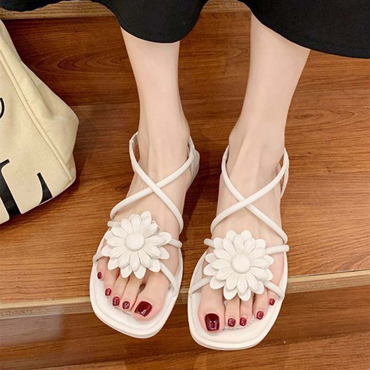 

Floral Criss Cross Flat Sandals, Beige