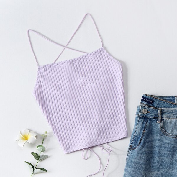 

Lace Up Backless Rib-knit Cami Top, Lilac purple